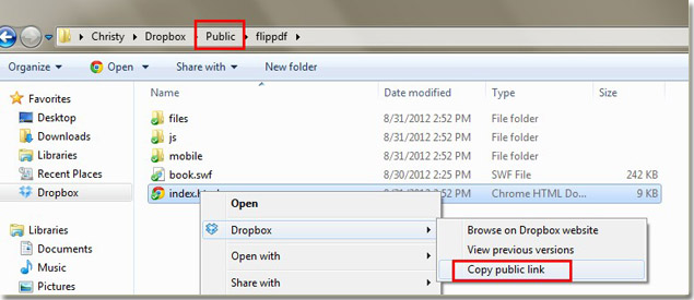 copy public link of flip book on Dropbox website